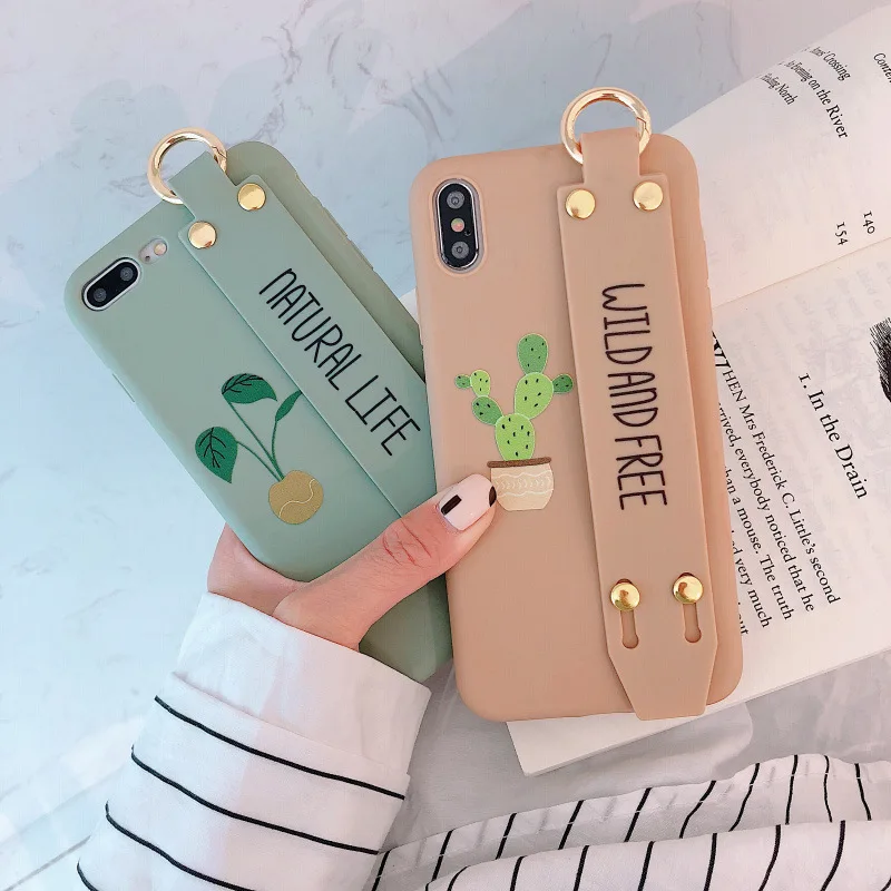 POBLU Cute Cactus Leaf Plant Case For iphone XR XS Max Wrist Strap Hand Band Soft TPU Back Phone Cover 6s 7 8 Plus |