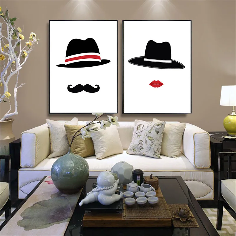 HAOCHU Man Wife Abstract Painting Hat Canvas C Background Wall Art Picture Print Poster Living Couple Badroom House Decor | Дом и сад