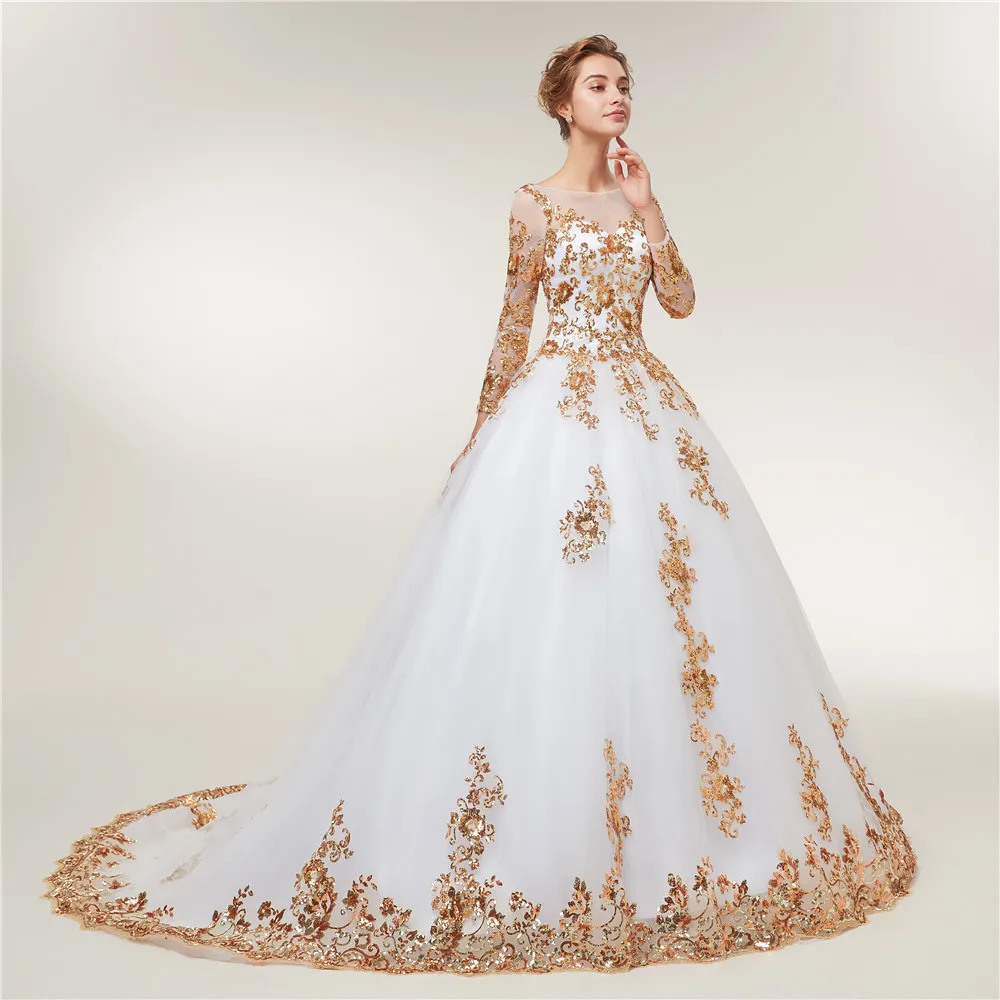Fansmile с длинным рукавом золотое кружево Vestido De Noiva Свадебные платья поезд на заказ размера плюс свадебные платья FSM-404T