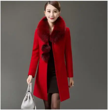 Crystal red На осень-зиму женская новая модная куртка с большим меховым воротником, длинное однобортное шерстяной кашемир пальто леди большие размеры на шнуровке шерстяное зимнее пальто - Цвет: Crystal red