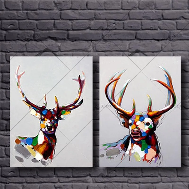 Modern Abstract Oil Painting Animal Art Pictures Set Handpainted Colorful Lovely Deer Canvas For Home Decoration Living Room | Дом и сад