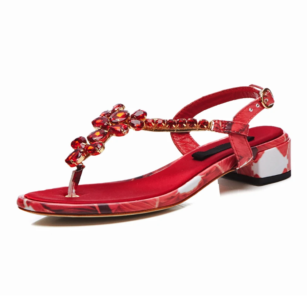 Женские сандалии с пряжкой FOREADA красные из натуральной кожи толстый каблук