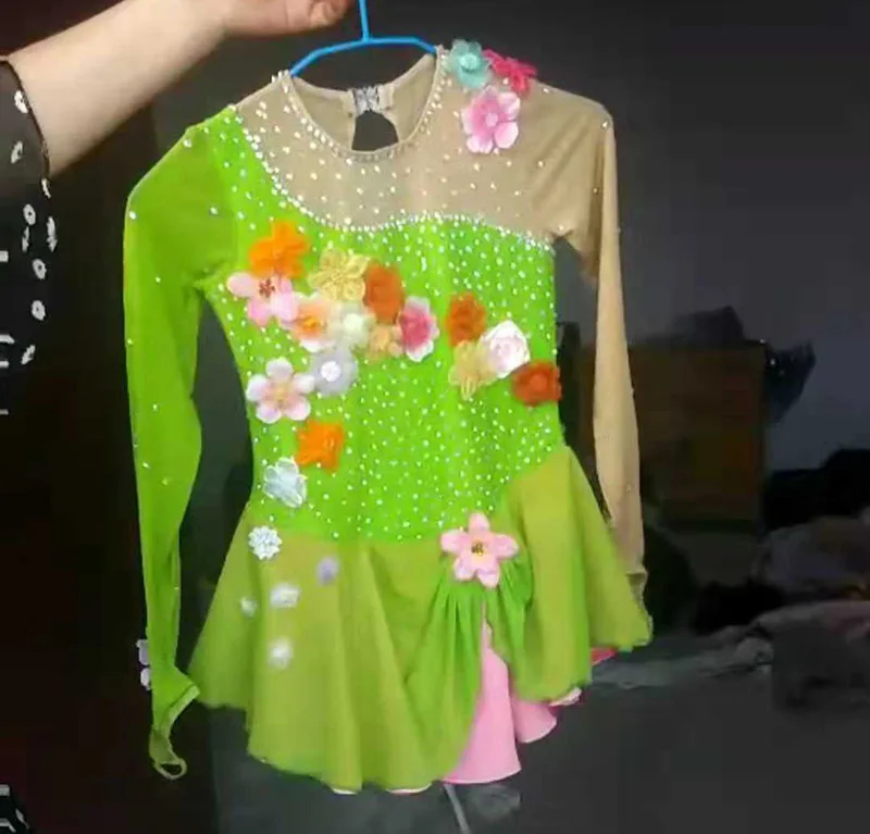 shippinggreenice Катание на коньках костюм для соревнований по фигурному катанию дубинка Кружевной Костюм для взрослых childaSD518 - Цвет: Черный