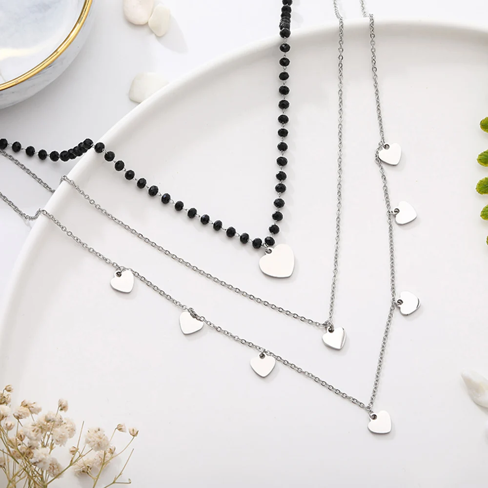 Stainless Steel Layered Necklaces for Women Black Crystal Beads with Heart Pendant Chokers Jewelry 2019 Trendy Female Party Gift | Украшения