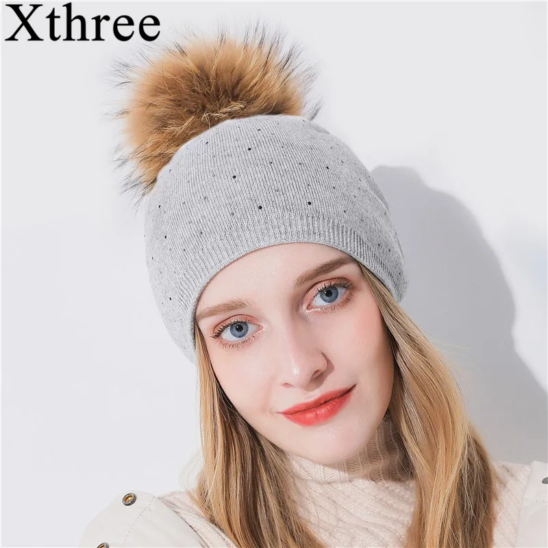 Женская вязаная шапка Xthree теплая из шерсти енота | Аксессуары для одежды