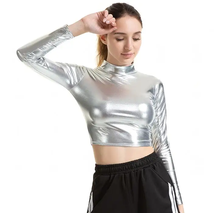 S989 Silver CHSDCSI короткий топ из искусственной кожи, Женский Топ из блестящей кожи с высоким воротником, Клубная Одежда для танцев, топы с длинными рукавами, костюмы золотого и серебряного цвета, футболка - Цвет: S989 Silver