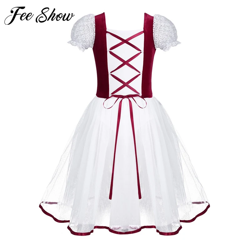 Professional Ballet Velvet Tutu Dress Kids girls Short Bubble Sleeves Lacework Tulle Skating Ballerina Costumes | Детская одежда и