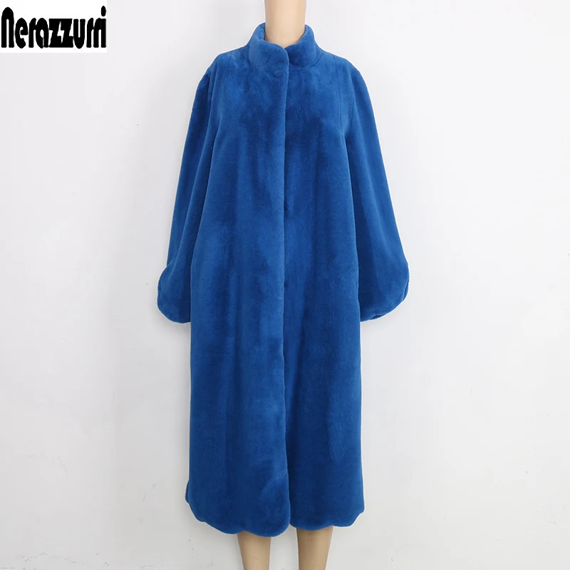

Nerazzurri Fluffy blue black pink elegant winter faux fur coat women Long plus size fashion 4xl 5xl 6xl 7xl Warm soft furry coat