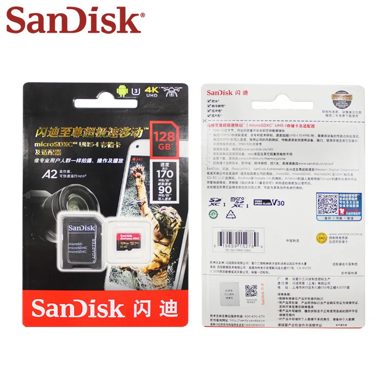 Оригинальный двойной флеш накопитель SanDisk Extreme Pro Micro SD Card до 170 МБ/с. 128 Гб 64 A2 V30 U3