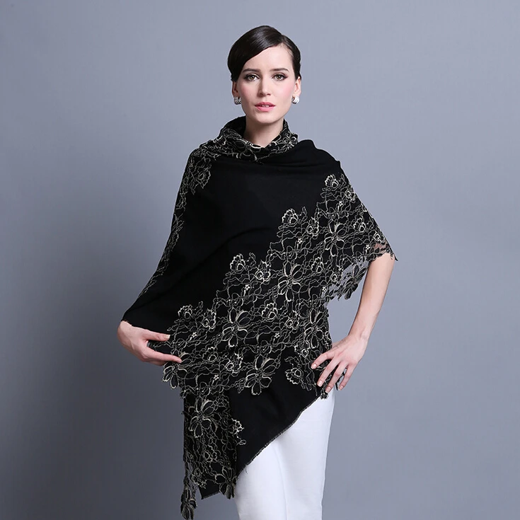 2015 Top Quality Embroidered Wool Cape Women Long Lace Scarf Shawls Pashmina Christmas Gift Red Black Yellow Pink Grey Purple | Аксессуары