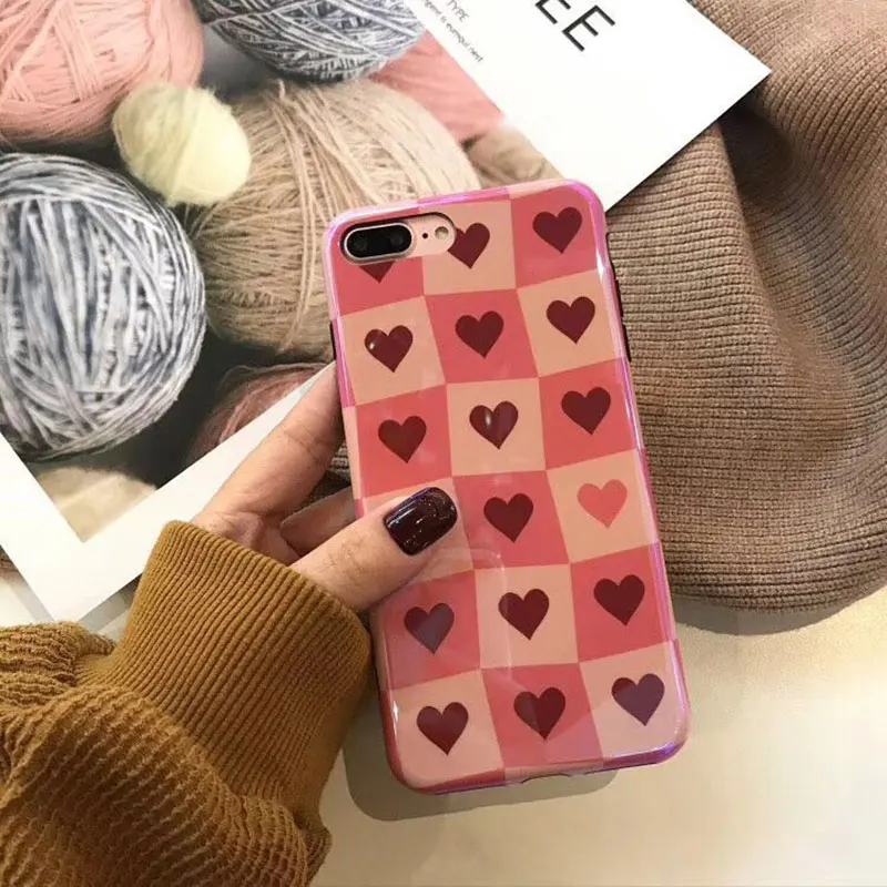 Boucho Blu-ray Glossy Phone Case For iphone 8 Cases X 6 6s 7 Plus Soft Silicone Lattice Love Heart Pattern Back Cover |