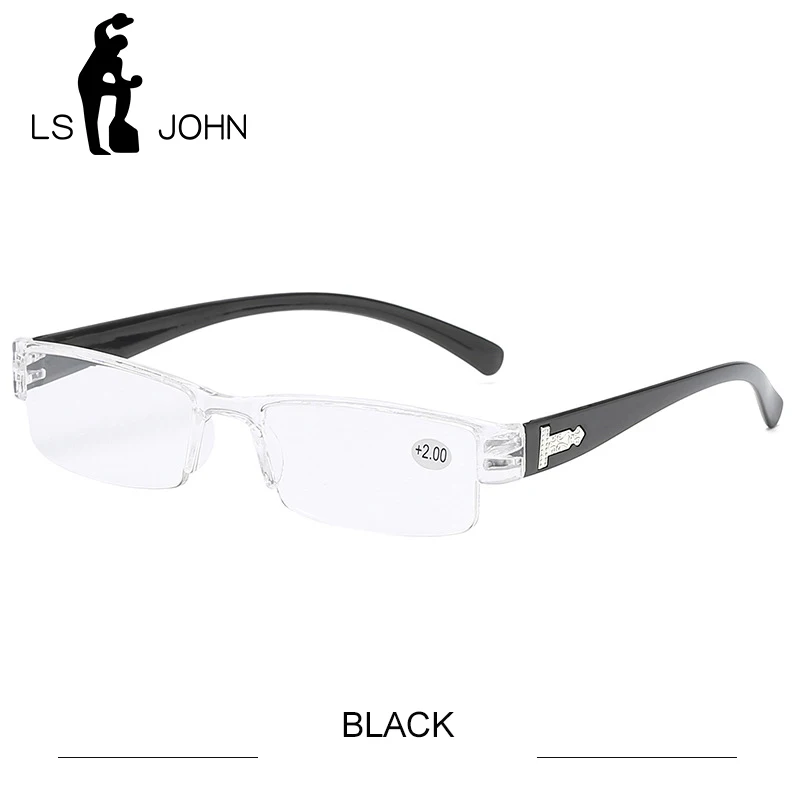 BLACK LS JOHN Korean Fashion Reading Glasses Men Women Clear Lens Half Frame Presbyopic Eyewear 1.0 1.5 2.0 2.5 3.0 3.5 4.0 for Reader - Цвет оправы: BLACK