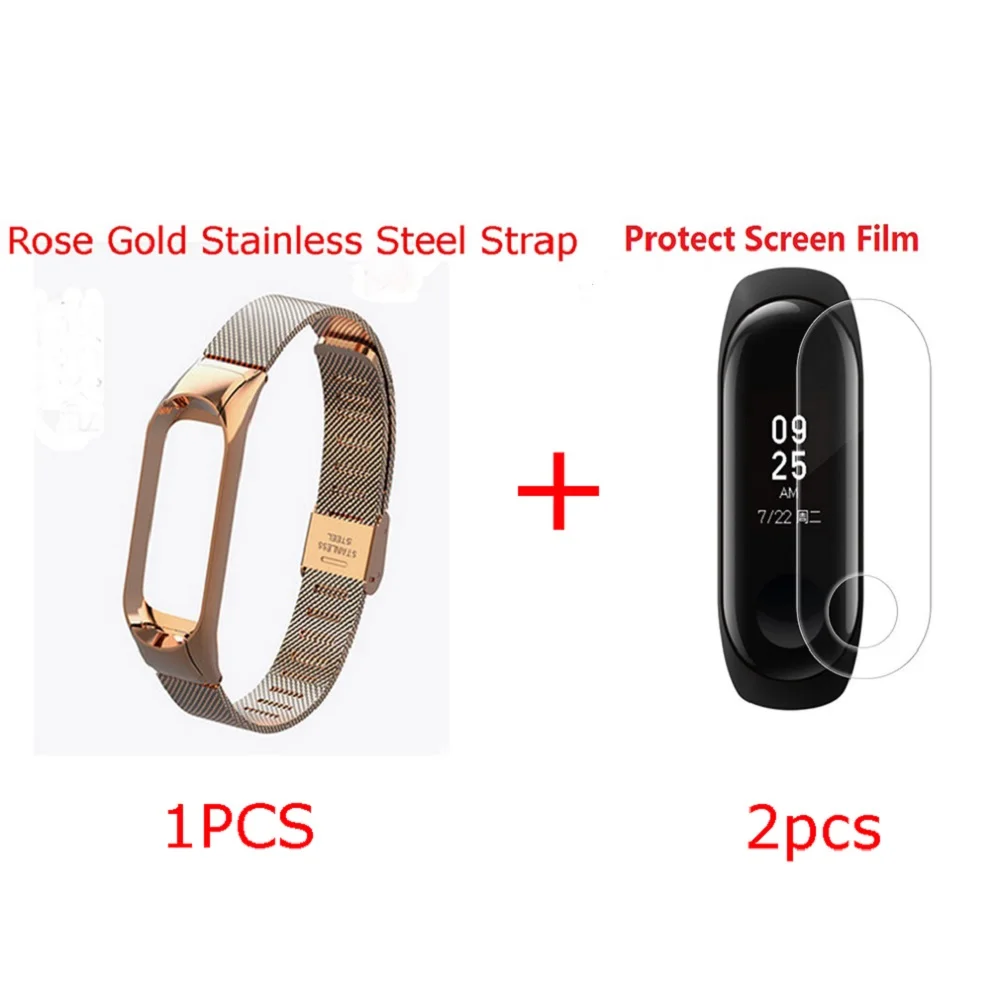 Rosegold N Film x2 Ремешок для Xiaomi mi Band 3 и 4 mi Band 3 модный ремешок для замены многоцветного ремешка с бесплатной пленкой спортивный ремешок из нержавеющей стали для mi band 3 и 4 - Цвет: Rosegold N Film x2