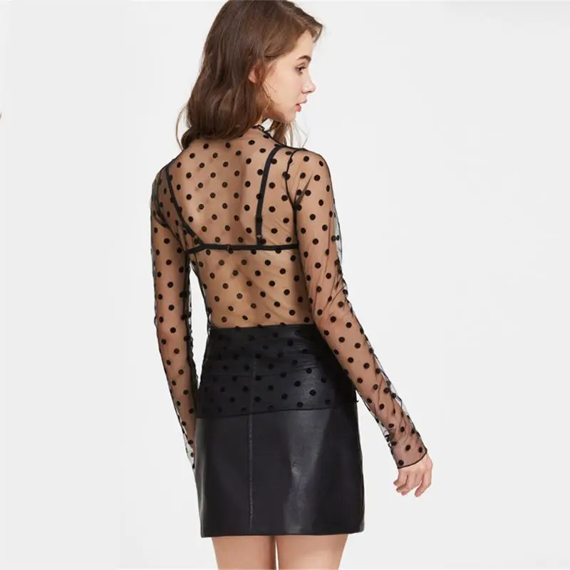 

Womens Spring Basic See Through Mesh Bottoming Shirt Hollow Out Lace Snowflake Stripes Glitter Pullover Tops Mock Neck Slim Long