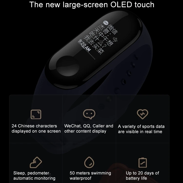 Оригинальный Смарт браслет Xiaomi Mi Band 3 фитнес сенсорный экран OLED сообщение пульс