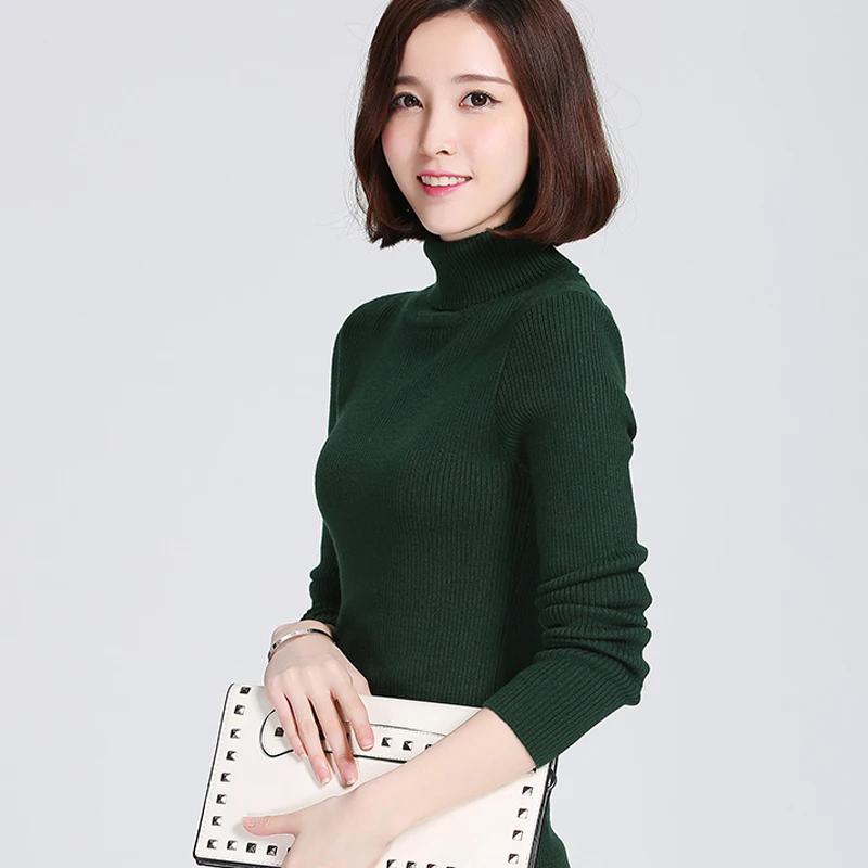 Slim fit cashmere rib jumpers for women winter thick high neck sweaters ladies black white red grey khaki turtleneck knitwear | Женская