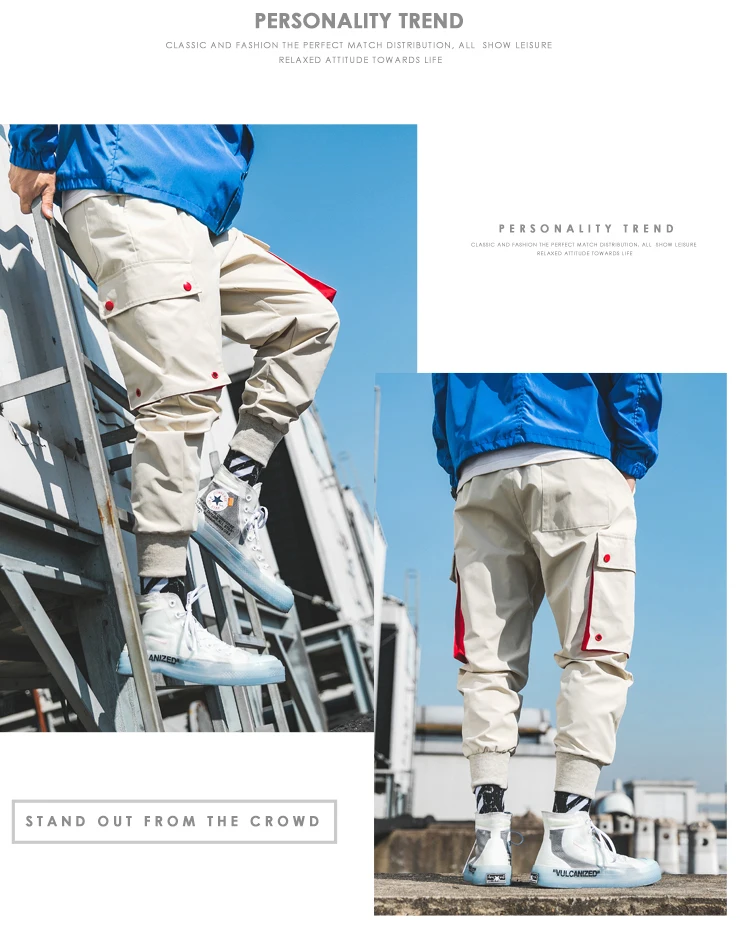 Casual Men Cargo Pants Cotton Polyester Drawstring Pockets Hip Hop Creamy-White Black Men Full Length Fashion Joggers Trouser