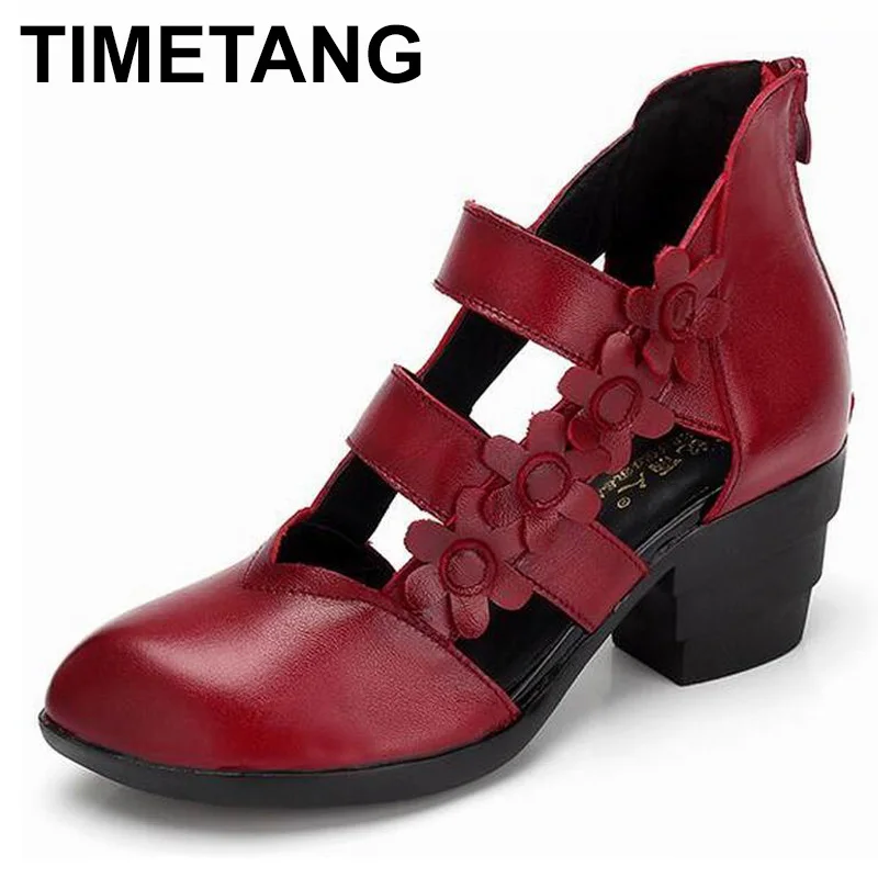 

TIMETANG 2018 Ethnic Style Genuine Leather Women Sandals Med Heels Closed Toes Handmade Summer Soft Outsole Women Casual Shoes