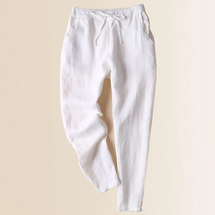 

Summer Spring Womens Female Khaki White Black Elastic High Waisted Linen Ankle Length Pants , Fall 3xl Harem Trousers For Women