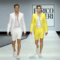 summer short pants white linen men suits for beach wedding suits yellow groom tuxedos groomsmen blazers costume homme 2piece