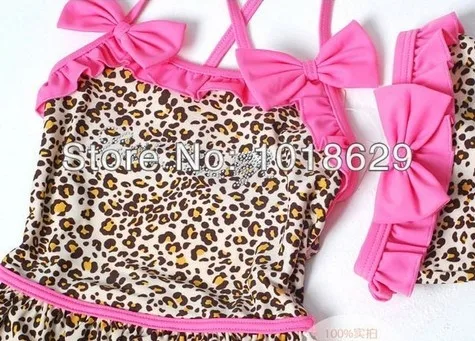 Free shipping 2013 new Leopard swimsuit girls with hat top sell swim wear One-Piece |