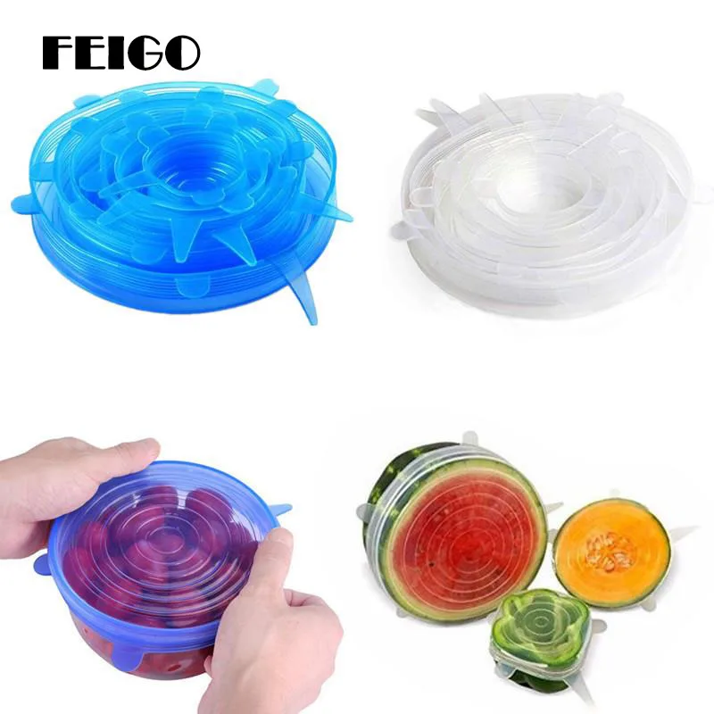 

FEIGO 6Pcs Silicone Stretch Lids Kitchen Food Cover Wraps Microwave Oven Safe BPA Free Reusable Vacuum Lids For Can Bottle F835