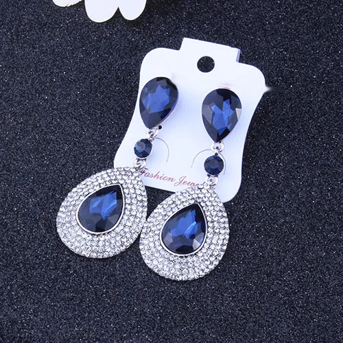 dark blue Позолоченные и посеребренные серьги-капли с кристаллами, стразы, элегантные свадебные серьги для женщин - Окраска металла: dark blue