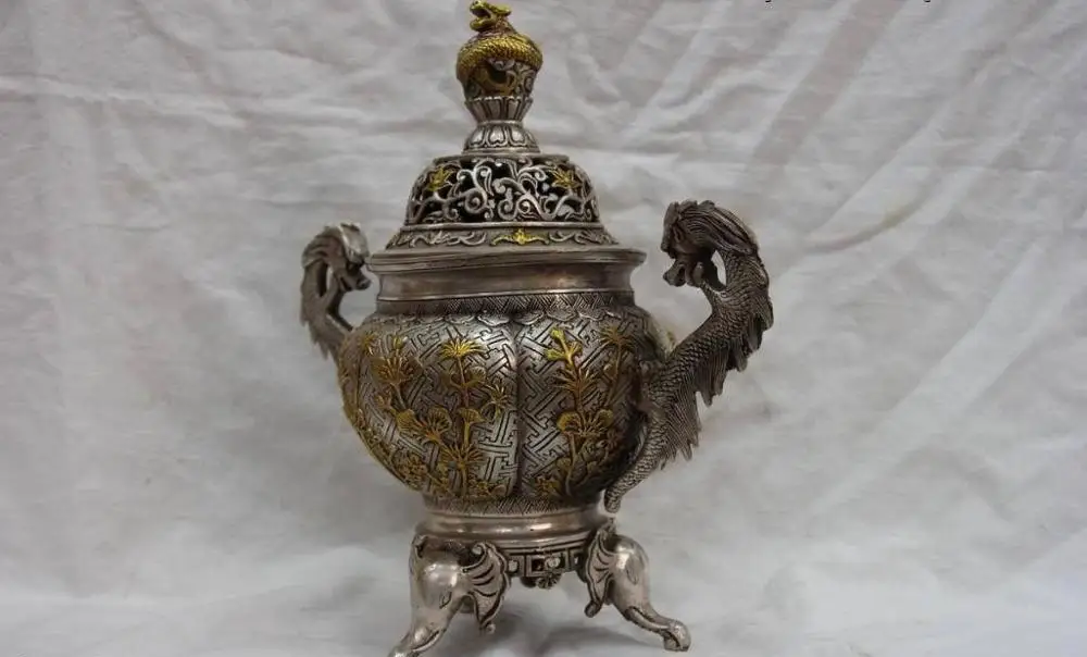 Китай белый медный Серебряный Два дракона слон кадильница для ароматерапии