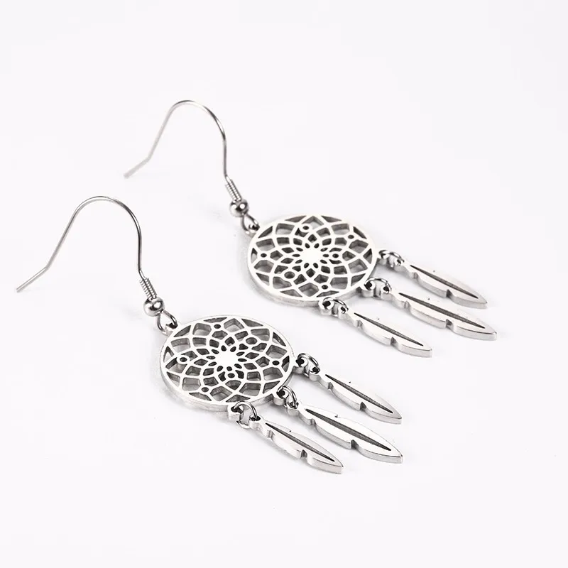Silver RIR, серьги из нержавеющей стали, золотые, геометрические, Ловец снов, очаровательные серьги, изысканные, полые, висящие, женские серьги мечты, ювелирные изделия - Окраска металла: Silver