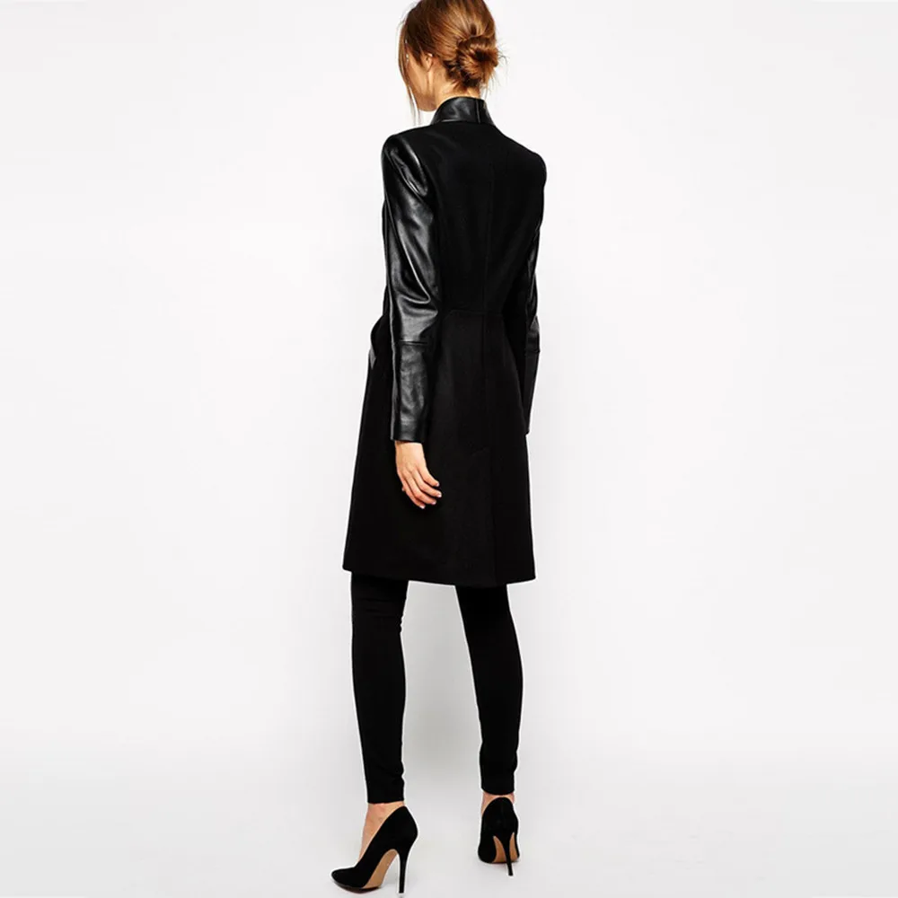 Черные кожаные пальто 2018 Для женщин Лоскутная Нерегулярные Кардиган с длинным PU