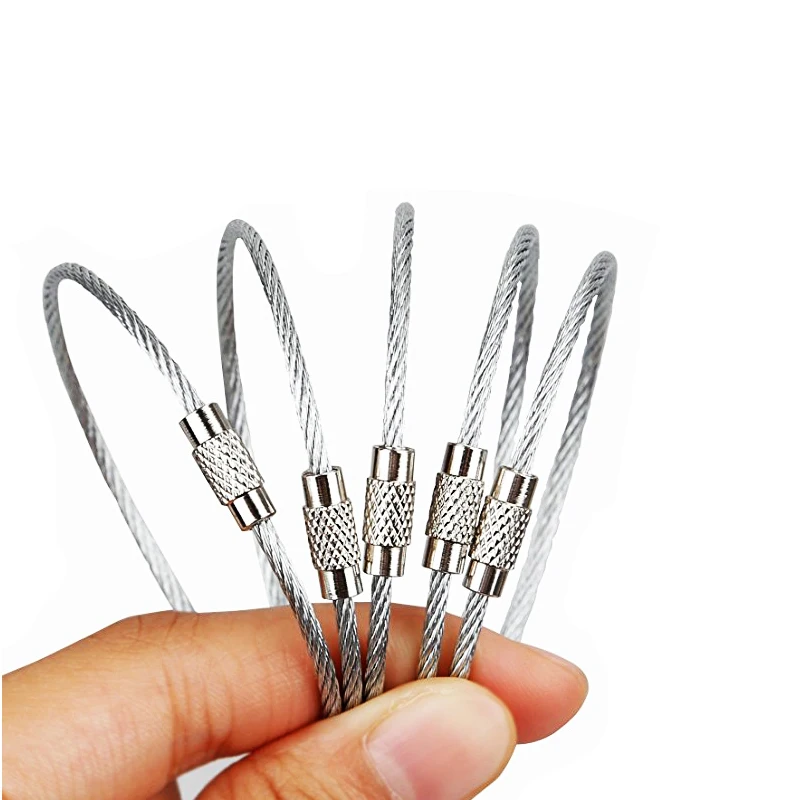 

10pcs/lot 6 sizes Stainless Steel Wire Cable Key Ring Key Chain Holder With Screw Lock Luggage Tag Loop ID Tag Keeper