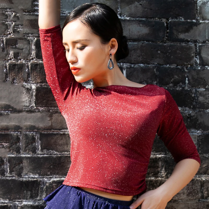 Latin Shirt Women Red Mid Sleeve Rumba Cha Cha Samba Dancing Clothes Ladies Latin Dance Top Ballroom Practice Show Wear DNV11658