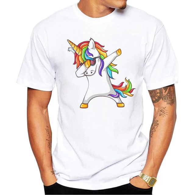 New Arrival Men Fashion Dabbing Unicorn T-Shirt Short Sleeve Rainbow Printed Tee Hipster Cool Design Tops | Мужская одежда