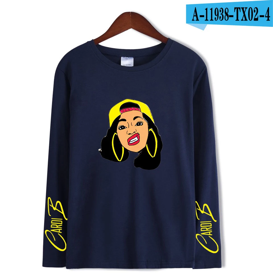 Cardi B стильная мягкая женская футболка с круглым воротником популярный классный хип-хоп классический хипстер Harajuku Уличная Повседневная футболка с длинными рукавами - Цвет: navy