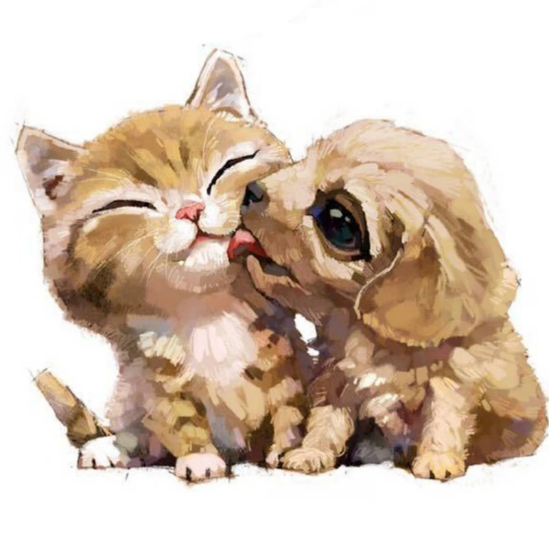 Фото Сладкий ручная роспись собака Kiss Cat маслом по номерам DIY милые животные