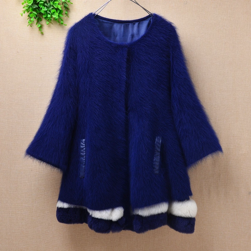 women femme winter heavy thick plush mink cashmere fox tail cardigan seven flare sleeve slim angora knitwear sweater coat mantle |
