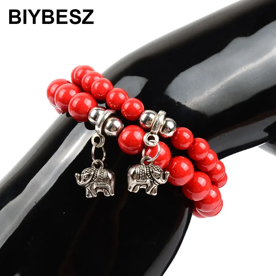 Мода слон красный повезло браслет браслеты с бусинами из натурального камня для