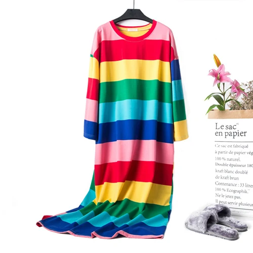 Jinsen Aite New Striped Nightdress Women's Autumn Cotton Long Sleeve Loose Dress Spring Round Neck Large Size Home Clothes JS736 - Цвет: Striped