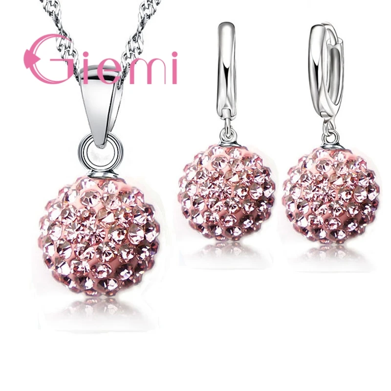 

Best Hot New Jewelry Sets 925 Sterling Silver Austrian Crystal Pave Disco Ball Lever Back Earring Pendant Necklace Woman