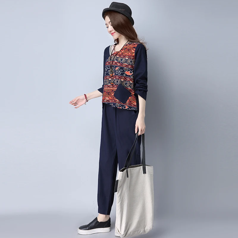 

women new loose big yards blouse top v-neck art van cotton fiber splicing printed casual pants plus size suit top vintage print