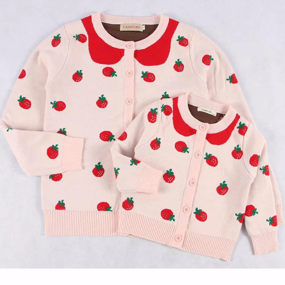 

Sweet Kids Girls Strawberry Crochet Sweater Cardigans Pink Candy Color Cute Children Spring Autumn Jackets