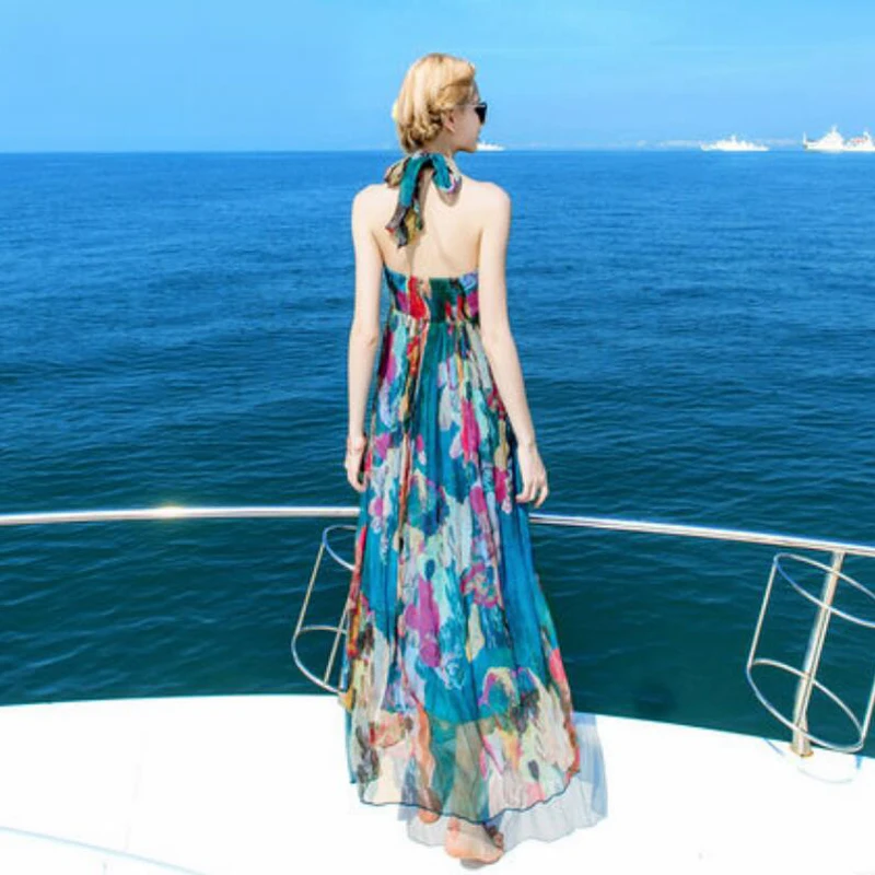 

Women Silk dress Beach Shell 100% Natural Silk Blue Floral Print dress Holiday summer dresses Halter Free Shipping HOT Sell
