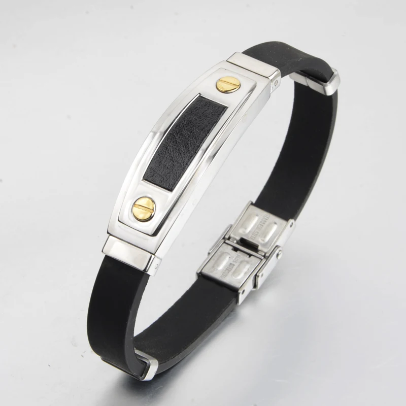 Мужские браслеты из черной силиконовой резины нержавеющей стали модные