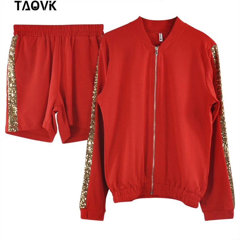 Red Женский костюм из двух предметов TAOVK, летний спортивный костюм с жакетом на молнии и шортами - Цвет: Red