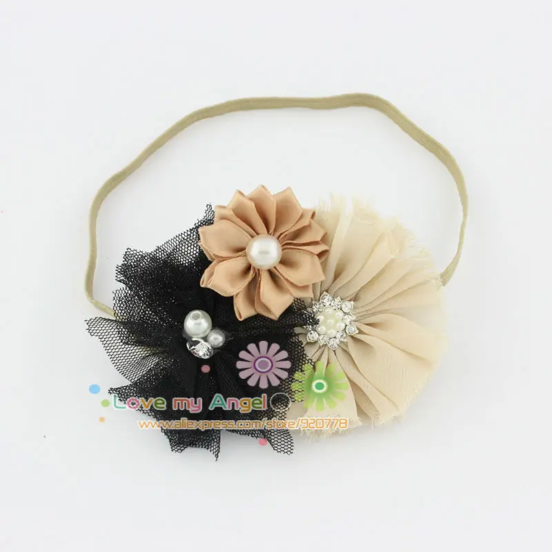 girl headband shabby chic flower hairband Rhinestone Button satin tulle Hair accessories 12pcs/lot | Детская одежда и обувь