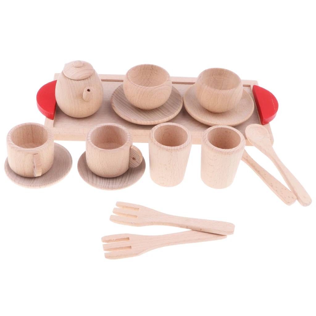 

Wooden Tea Set (16pcs) Tea Party Role Play Educational Pretend Toy for Kids