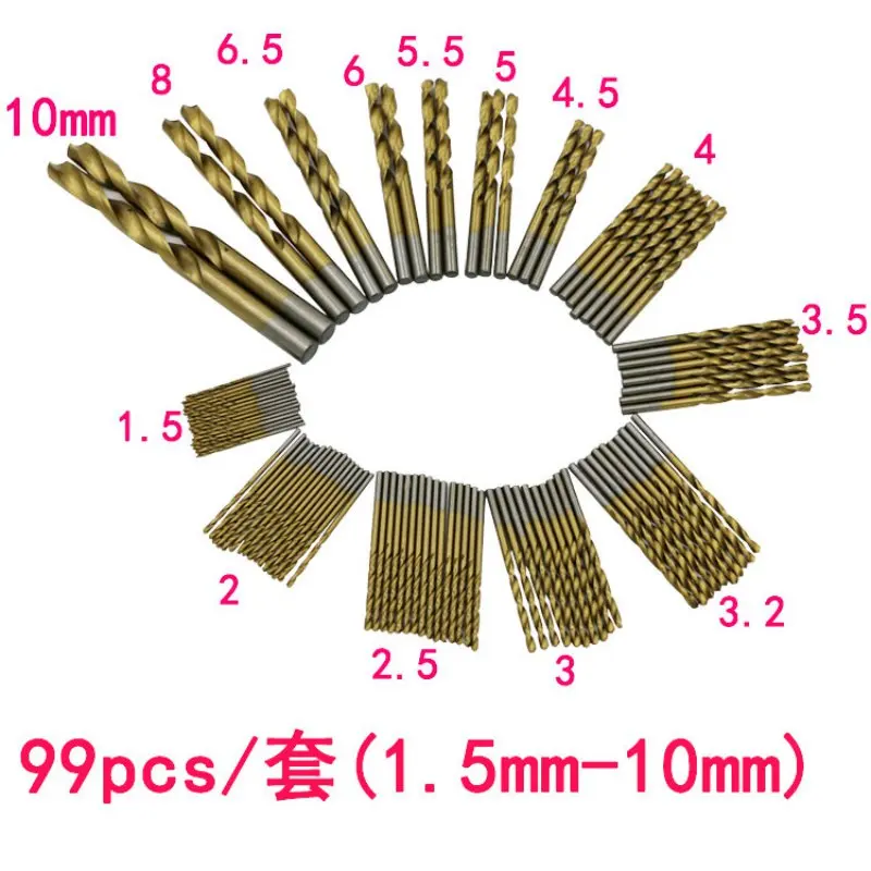 99 Pcs/set 1.5mm - 10mm Titanizing Coated HSS High Speed Steel Drill Bit Tool Set | Инструменты