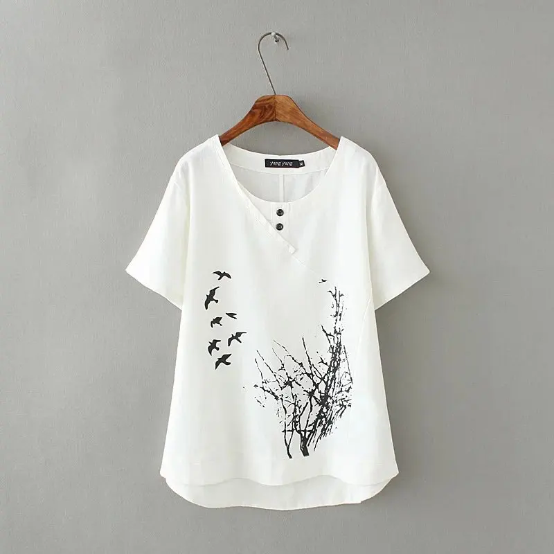 Льняная хлопковая Асимметричная женская футболка размера плюс XXXL с аппликацией