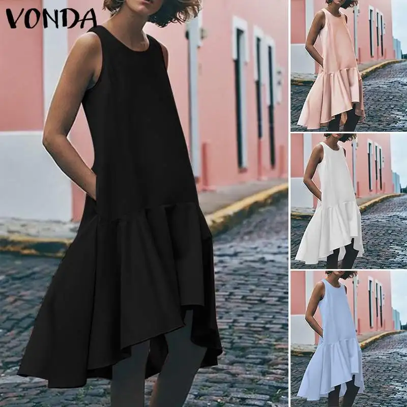 VONDA, летнее платье, женское, сарафан,, сексуальное, без рукавов, с асимметричным подолом с оборками, подол, жилет, платья, Пляжное, длинное, топ размера плюс, повседневное, Vestido