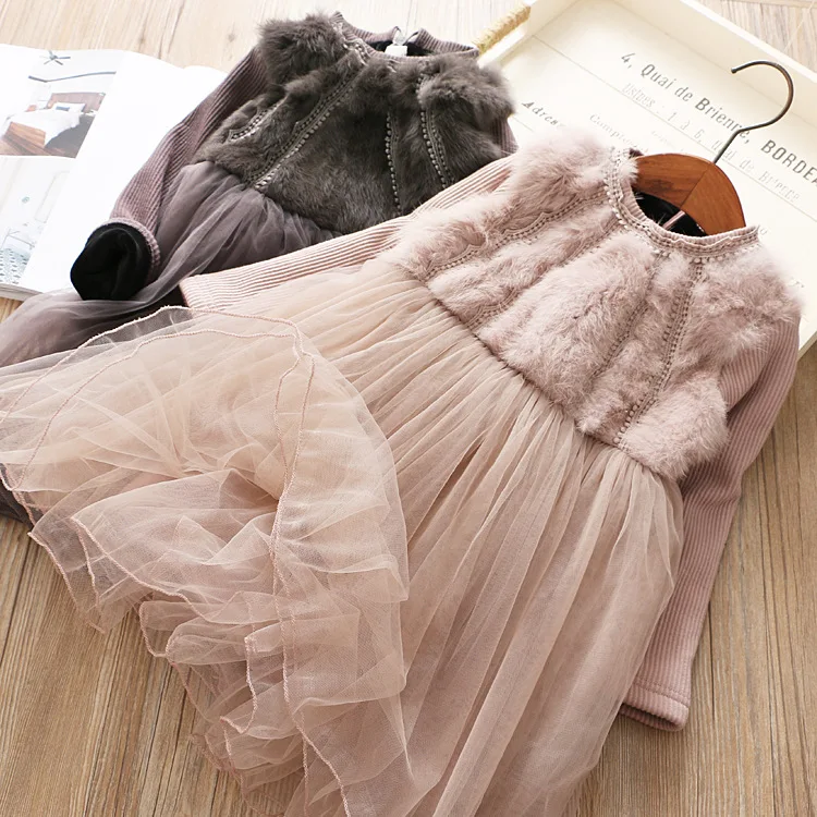New Baby Girls Clothes Long-sleeved Faux Fur Top Tulle Dress Velvet Dress+Fur Vest One Piece Warm winter 5sets/lot | Детская одежда и